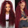 StarXiu Burgundy Deep Wave Lace Front Wigs Human Hair 99J 13x4 HD Lace Frontal Wigs for Women 180% Density Wet and Wave Red Colored Glueless Wigs Human Hair Pre Plucked Curly Wigs 12 Inch