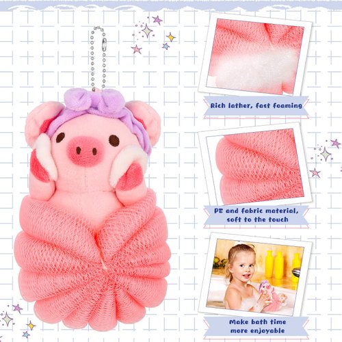 Vesici 2 Pcs Bath Sponge Kids Body Shower Loofah Cute Animal Cartoon Colorful Baby Pouf Mesh for Toddler Children Adults Gifts Washing Exfoliating, Pig and Cow 1 count