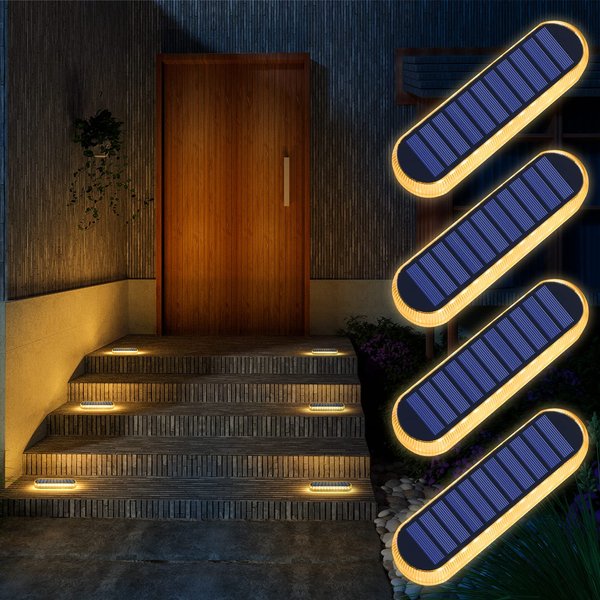 Solar Deck Lights Outdoor Waterproof LED, Warm White Solar Step Lights, 4 Pack Solar Dock Lights Marine, Solar Lights for Deck, Dock, Walkway, Driveway, Pathway, Backyard, Patio, Ground, Garden