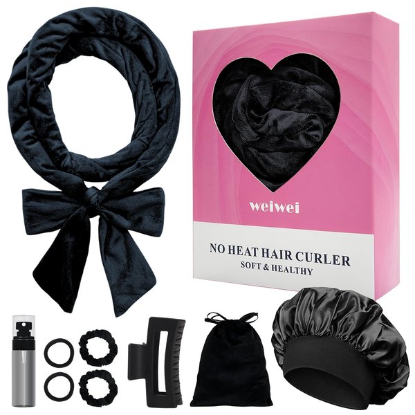 weiwei Heatless Curls Headband, Overnight Hair Curlers No Heat Curling Headband Soft Hair Curler Rollers to Sleep In, 70" Non Heat Hair Wrap for Women Long Wave Hair, 9PCS Curling Rod Gift Set (Black)