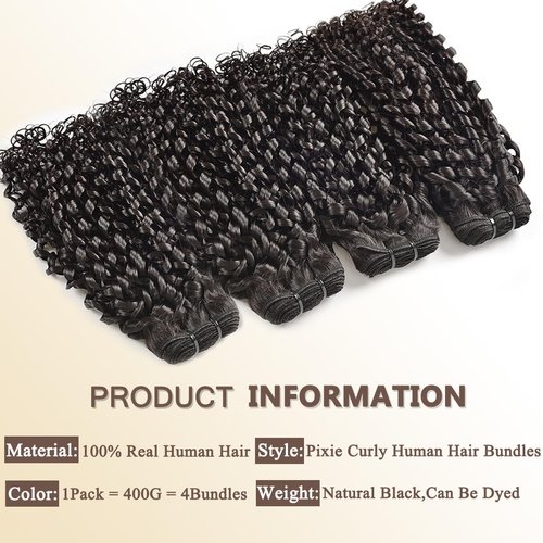 Pixie Cut Curly Human Hair Bundles - Curly 100% Human Hair Weave 4 Bundles(24 22 20 18 inches) Pixie Cut Curly Brazilian Pixie Curly Cut Virgin Human Hair Extensions Natural Color