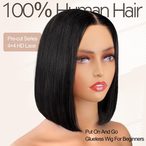 Bob Wigs Human Hair Glueless Wigs Pre Plucked Pre Cut Bleached Invisible Knots Short Straight Wigs for Black Women Bob Wigs Glueless Lace Front Wigs Human Hair with Elastic Band 180% Density 10 Inch