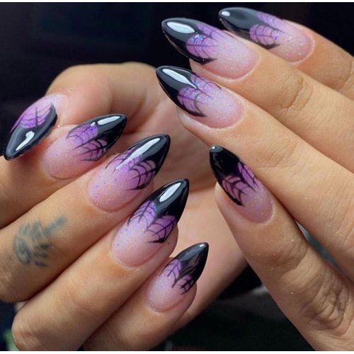 Almond Halloween Press on Nail Short Purple Fake Nails Spider Web French Tip Acrylic Glue on Nails Full Cover Shiny False Nail Stick on Nails for Women Party Manicure Decor 24pcs
