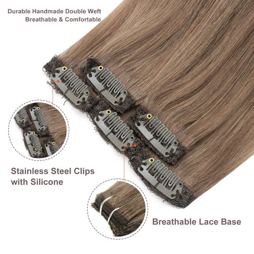 FUBILI Ash Brown clip in hair extensions Natural Remy Real Human straight Hair Extensions 30g 5pcs 16 Inch