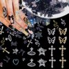 100Pcs Cross Nail Charms, Butterfly Planet Star Nail Gems Charms, Black 3D Assorted Butterfly Flower Bows Heart Nail Charms Assorted Nail Art Charms for Manicure DIY Craft Jewel Accessories