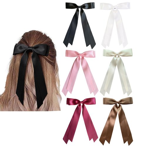 6PCS Silky Satin Hair Bows for Women Hair Clip Hair Ribbon Ponytail Holder Hair Accessories Slides Bow with Metal Clips Hair Bow for Girls Toddlers Teens