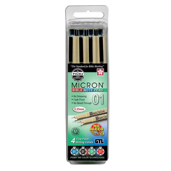 G.T. Luscombe Company, Inc. Pigma Micron 01 Fine Point Bible Note Pen Kit | No Bleed Pigmented Ink | Bible Safe | No Smearing or Fading | Black, Blue, Green, Red (Set of 4) | New Packaging |