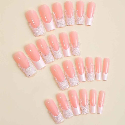 Foccna Square Press on Nails Long French, Pink Fake Nails Acrylic Black False Nails,Crystal Artificial Nails for Women and Girls, 24pcs (Nails 3)