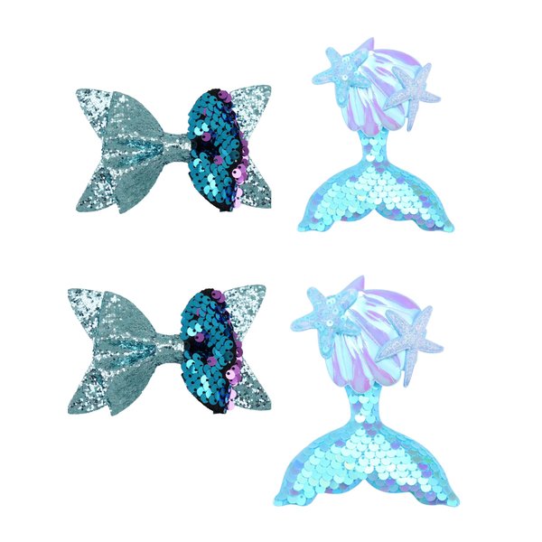 4 Pcs Glitter Sequin Mermaid Hair Bow Clips,Starfish Shell Alligator Barrettes Hairpins for Girls Kids Summer Beach Vacation Birthday Party Dress Costume Decor Accessories Gift,blue