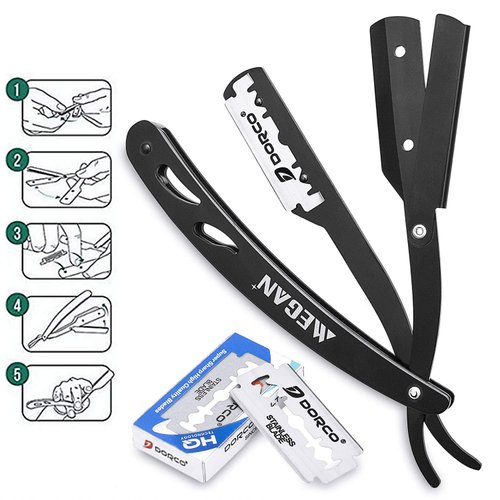 Megan beard shaping tool,5 piece set beard shaper - include Professional Straight Edge Razor,beard template,10 Count of double edge blades,barber pencil and Stainless steel scissors.