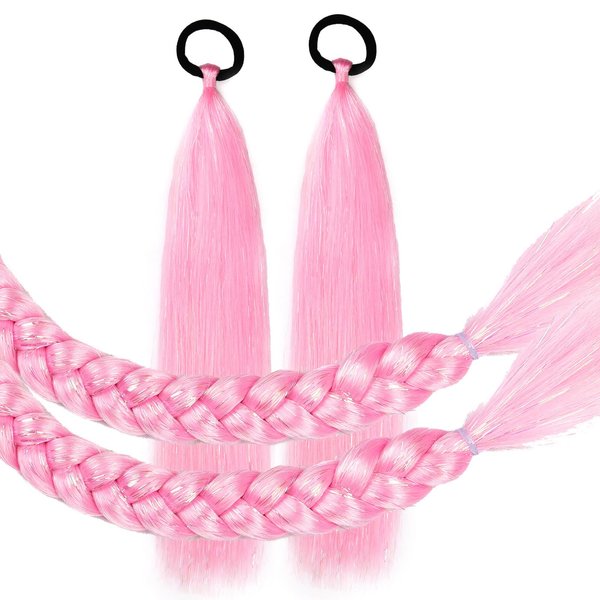 Kids Ponytail Extension With Hair Tie, Pink Ponytail Extension, Crazy Hair Day Colored Hair Extensions for Kids, Festival Hair Rave Hair Extensions 2 Packs 25 inch