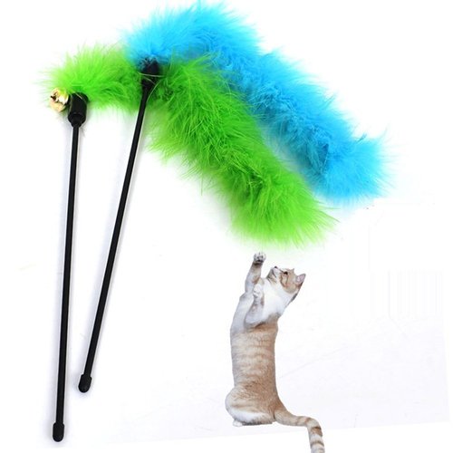 Hypeety 2 pcs Cat Toys Interactive Feather Wand Teaser Wand Feather Rod with Bells Cat Kitten Fun Interactive Toys (Random Color)