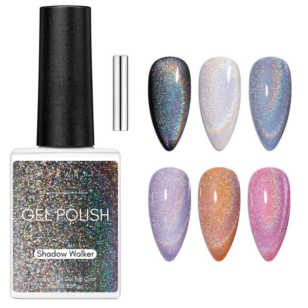 Makartt Gel Nail Polish, Universal Rainbow Cat Eye Gel Nail Polish 10ml Holographic 9D Sparkly Hole Cat Eye Glitter Spring Gel Polish with Magnet Stick Soak Off UV/LED Manicure Nail Art Designs