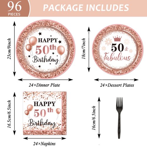 96 Pcs 50 and Fabulous Birthday Party Plates Napkins Tableware Set Rose Gold 50th Birthday Supplies Disposable Dinnerware Fifty Birthday Decoration Favors for Women, 24 Guests