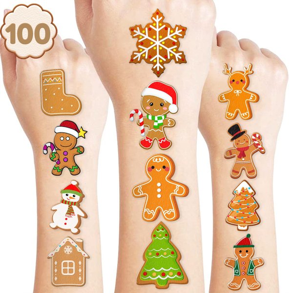 Cute Gingerbread Temporary Tattoos 10 Sheets 100 PCS Gingerbread Man Party Decorations Favors Supplies Cookie Theme Birthday Stickers Gifts for Boys Girls Kids Class School Prizes Carnival Christmas
