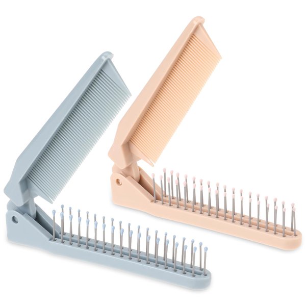 Travel Hair Brush, 2 PCS Double Headed Foldable Pocket Comb Mini Compact Collapsible Hairbrush Portable Anti-Static Small Comb for Women, Hairdressing Brush for Gym, Car, Purse, Office (Pink/Blue)