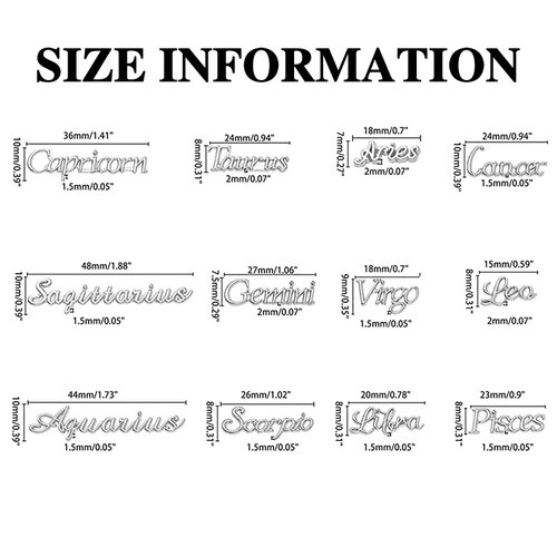 JERCLITY 24 Pieces Silver Alloy Zodiac Nail Charms 12pcs Zodiac Signs Nail Studs 12pcs Constellation Words Nail Charms Twelve Constellation Nail Charms for Women Girls Nail Art