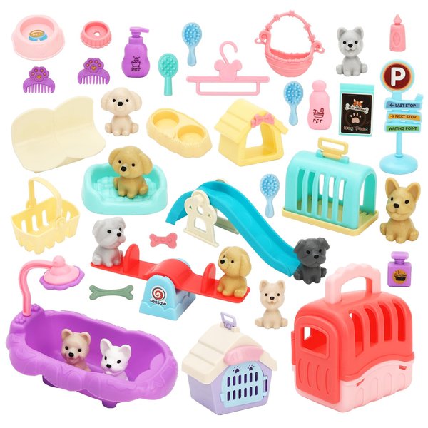 SOTOGO 41 Pieces Pet Pretend Play Toys Dog Figures Playset Dogs Care Role Play Toys Toys for Toddler Boys and Girls