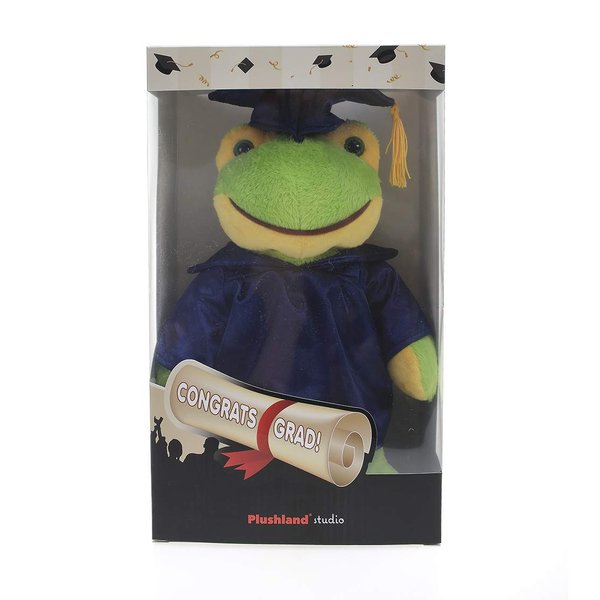 Plushland Frog Plush Stuffed Animal Toys Present Gifts for Graduation Day, Personalized Text, Name or Your School Logo on Gown, Best for Any Grad School Kids 12 Inches(Black cap and gown)