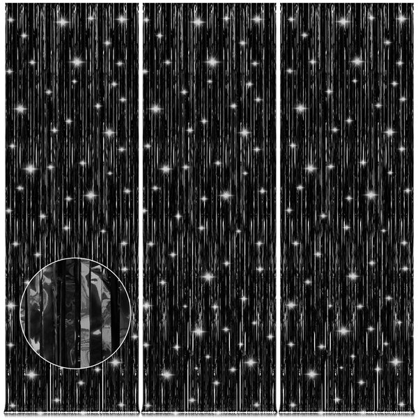 Accevo 3Pack Black Foil Fringe Curtains Party Streamers 3.2ft x 8.2ft Door Streamer Tinsel Streamers Black Party Decorations Photo Booth for Halloween New Year Holiday Celebration Party Decoration
