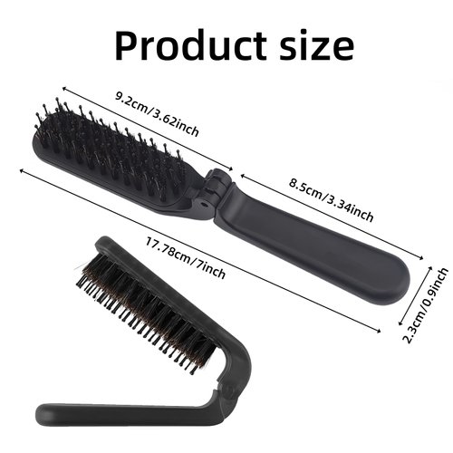 ​Travel Folding Hair Brush, Collapsable Pocket Portable Beard Hairbrush, Mini Boar Bristle Hair Brush for Thin Thick Dry Wet Curly Straight Hair, Women Men Hair Styling Tool (Black)