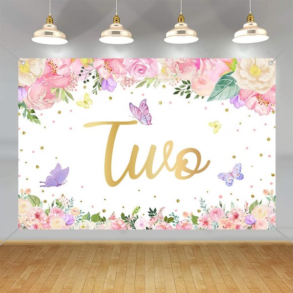 Happy 2nd Birthday Backdrop Banner Party Decoration for Girl Happy 2 Years Old Fabric Sign Poster, Floral and Butterfly Photography Background Second Birthday Party Supplies, 59"x35.4"