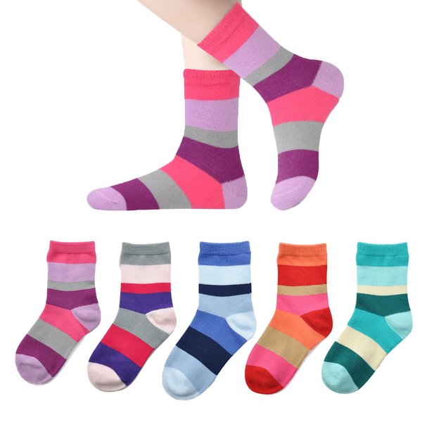 Marchare Girls Seamless Crew Cotton Socks Kids Casual Socks School Socks Rainbow Stripes Color B 5 Pack 6-8 Years