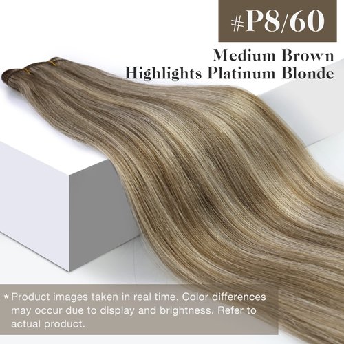 Sunny Hair Extensions Real Human Hair Weft Highlights Light Brown with Platinum Blonde Sew in Extensions Human Hair for Women Weft Real Hair Extensions Highlights Sewing Hair Extensions 20inch 100g