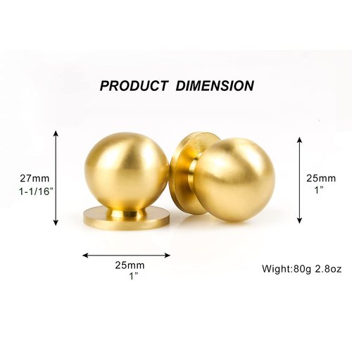 RZDEAL 8pcs Round Solid Brass Pulls Cabinet Drawer Knobs Small Gold Handles for Dresser Handles Knobs,1 Inch (25mm)