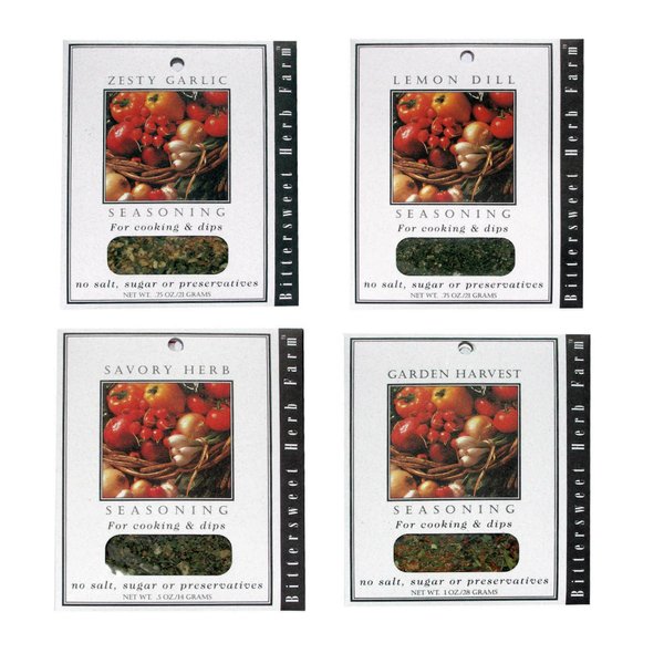 Bittersweet Herb Farm ™ Flavor Dip Mix Variety Pack - "Garden Harvest," " Lemon Dill," "Savory Herb," & "Zesty Garlic" (4 PK Bundle 1 each flavor)