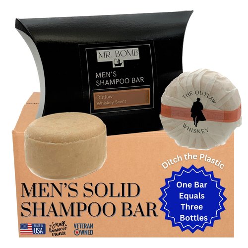 Mr. Bomb Men's Solid Shampoo Bar For Him - The Outlaw Masculine Whiskey Scent for Men - Manly Man Stuff Travel Size Hair Bar Shampoo for All Types of Hair - Great Gift Idea