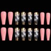 Outyua Smoke Pattern Fake Nails Pink Coffin Extra Long Press on Nails with Designs Glossy Ballerina Acrylic False Nails Stick on Artificial Nails 24Pcs (Pink)