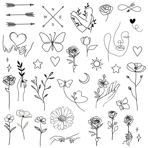 Mini Fine Line Temporary Tattoos - Realistic Long Lasting Waterproof Tiny Tattoos - Black and White Butterflies Flower Rose Minimal Small Tattoos for Women and Men