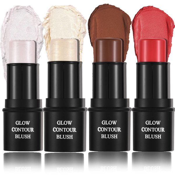 CCbeauty Contour Highlighter Bronzer Blush Stick, Cream Shimmer Highlight Bronze Blushes Multi Sticks, Face Eye Brighten Contouring Shaping Stick, Professional Facial Makeup Mothers Day Gift Sets for Her Girls Women,4Pcs