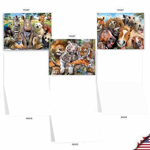 The Best Card Company - 10 Blank Animal Cards Box Set (4 x 5.12 Inch) - Bulk Assorted Pets, Horses, Wildlife Cards for Kids, Camp - Here's Looking at Zoo M6639OCB