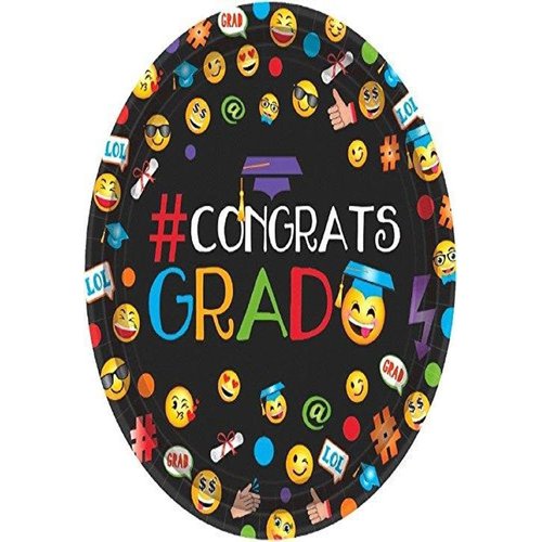 Cool Graduation "#CONGRATS GRAD" Emoji Round Plates Party Tableware, Paper, 7" Diameter, Pack of 60