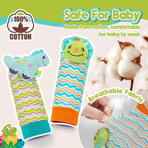 ZapWhiz Baby Infant Rattle Socks, 3 4 5 6 Month Old Baby Toys Wrist Rattles for Babies 0-6 Months Newborn Baby Learning Sensory Toys 3-6 Months Brain Development Toys Baby Boy Shower Gifts Dinosaur