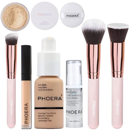Hilareco PHOERA Foundation,PHOERA 9D Mascara,PHOERA Makeup Foundation Full Coverage,PHOERA Primer, PHOERA Powder, PHOERA Concealer, Kabuki Brushes Makeup Foundation Brush Powder Brush Concealer Brush