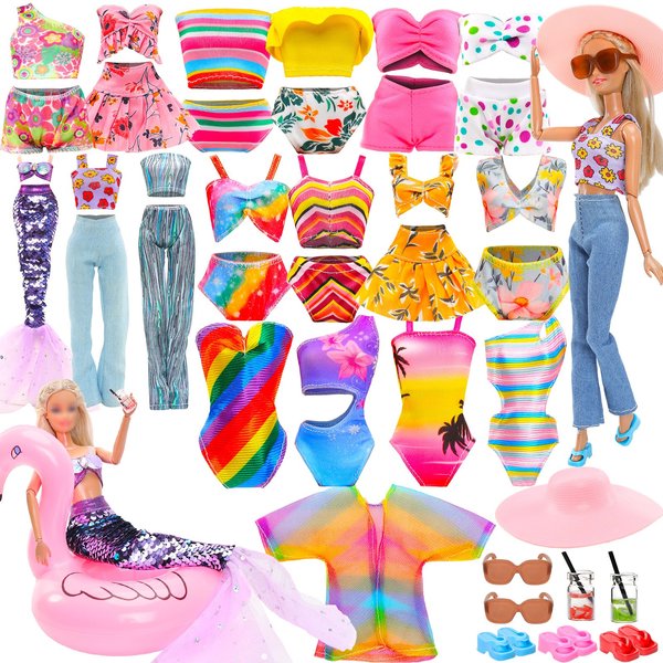 ENOCHT 17 PCS 11.5 Inch Girl Dolls Summer Clothes and Accessories 1 Sequin Mermaid Swimsuit 5 Swimwears 2 Outfits 3 Slippers 6 Accessories Hat Glasses for Girl Dolls Beach Clothing Set(NO Dolls)