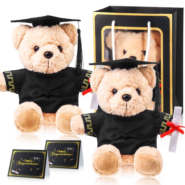 ZJoey Bear with Graduation Cap Toys Class of 2024 Graduation Plush Stuffed Teddy Bear Animal Dog Graduation Cap and Gown with Greeting Card and Bag for Graduation Day Gift(2 Pcs Graduation Bear)
