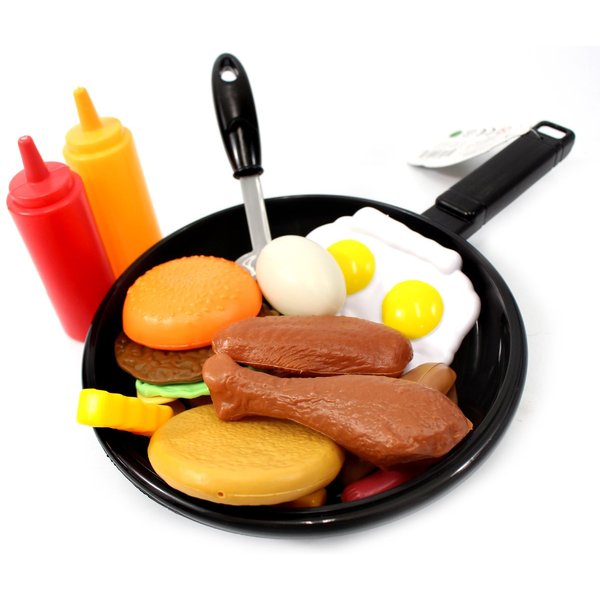 25 Pcs Play Food Kids Toy Set for Toddlers, Kitchen Cooking Toy Fast Food Pretend Play Toy Grill Set with Pan, Spatula & Sauce Bottles