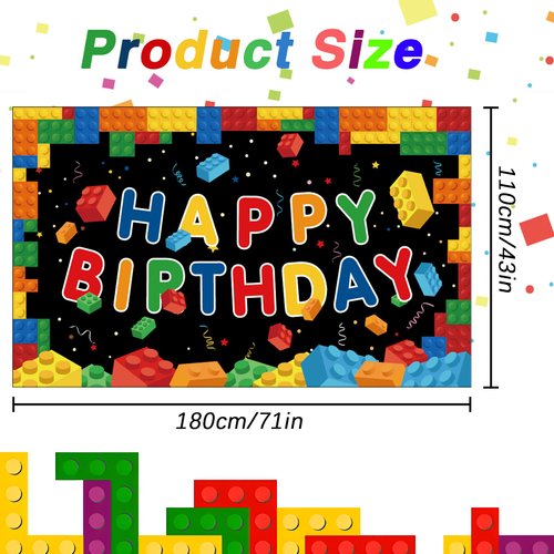 Ledander Birthday Banner Backdrop for Kids - 71 * 43in Happy Birthday Photography Background Party Decorations for Boys Girls, Building Blocks Theme Birthday Hanging Decoration Party Supplies (Black)