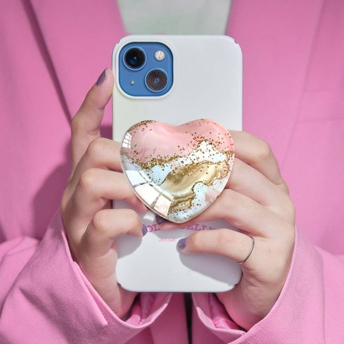 Ksadiye Expandiing Moblile Cell Phone Grip Heart Shape Glass Holder for Smartphones, Cellphone Collapsible Stand（ Pink Gold Marble