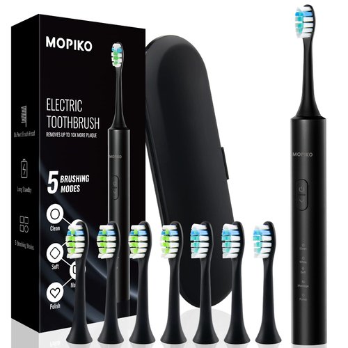MOPIKO Electric Toothbrush for Adults and Kids,Sonic Travel Toothbrush Kit,Rechargeable Power Toothbrushes with 8 Heads,Smart Whitening Toothbrush USB-C (Black)