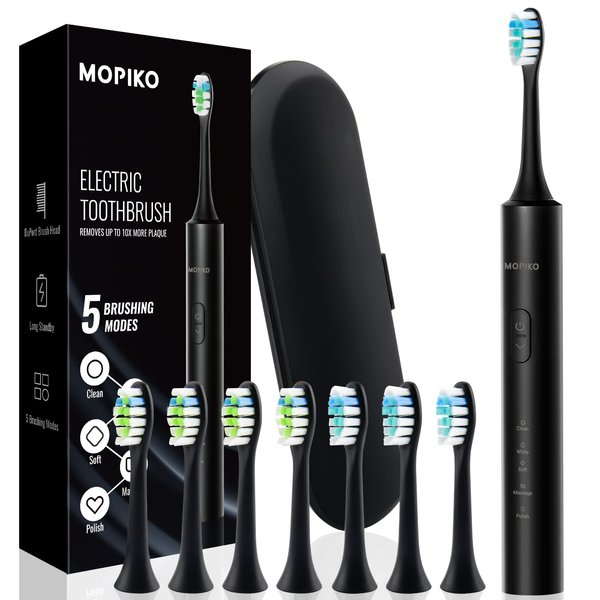 MOPIKO Electric Toothbrush for Adults and Kids,Sonic Travel Toothbrush Kit,Rechargeable Power Toothbrushes with 8 Heads,Smart Whitening Toothbrush USB-C (Black)