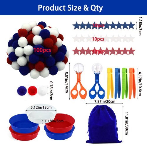 Iceyon 142pcs Fine Motor Skills Counting Sorting Sensory Bin Filler -100pcs Pompoms 30 Pcs Wooden Stars 5 Cups 4 Tweezers 2 Scissors 1pcs Storage Bag for Early Education Train (Blue White)