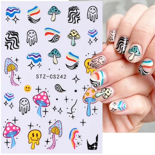 6 Sheets Iridescent Nail Art Stickers 3D Self Adhesive Holographic Nail Stickers Irregularity Abstract Eyes Nail Decals Rainbow Mushroom Star Moon Nail Design Stickers for Women DIY Acrylic Nail Art