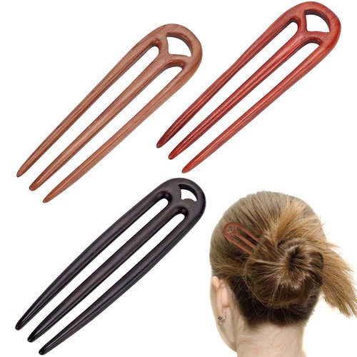 WEBEEDY 3 Colors Wood Hair Fork 3 Prong Hairpin French Updo Hair Sticks Sandalwood Mahogany Wood Hair Styling Pins Hair Accessories for Long Thick Fine Hair Bun Chinese Retro Style, 4.72/5.12" Long