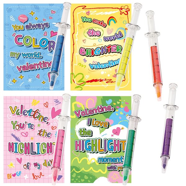Aviski 32Pcs Kids Valentines Day Gifts for Classroom - Valentine Cards with Syringe Shape Highlighter Novelty Toys for Boys Girls Exchange Gifts, Party Favor Prizes, Valentine’s Greeting Gifts
