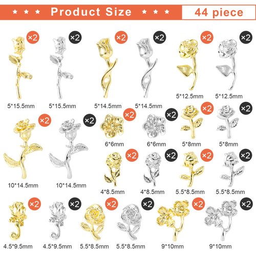 HINZIC 44 PCS Gold Rose Nail Charms 3D Vintage Roses Flowers for Nails Retro Metal Silver Nail Jewels Nail Studs for Acrylic Nails Decoration DIY Craft Making